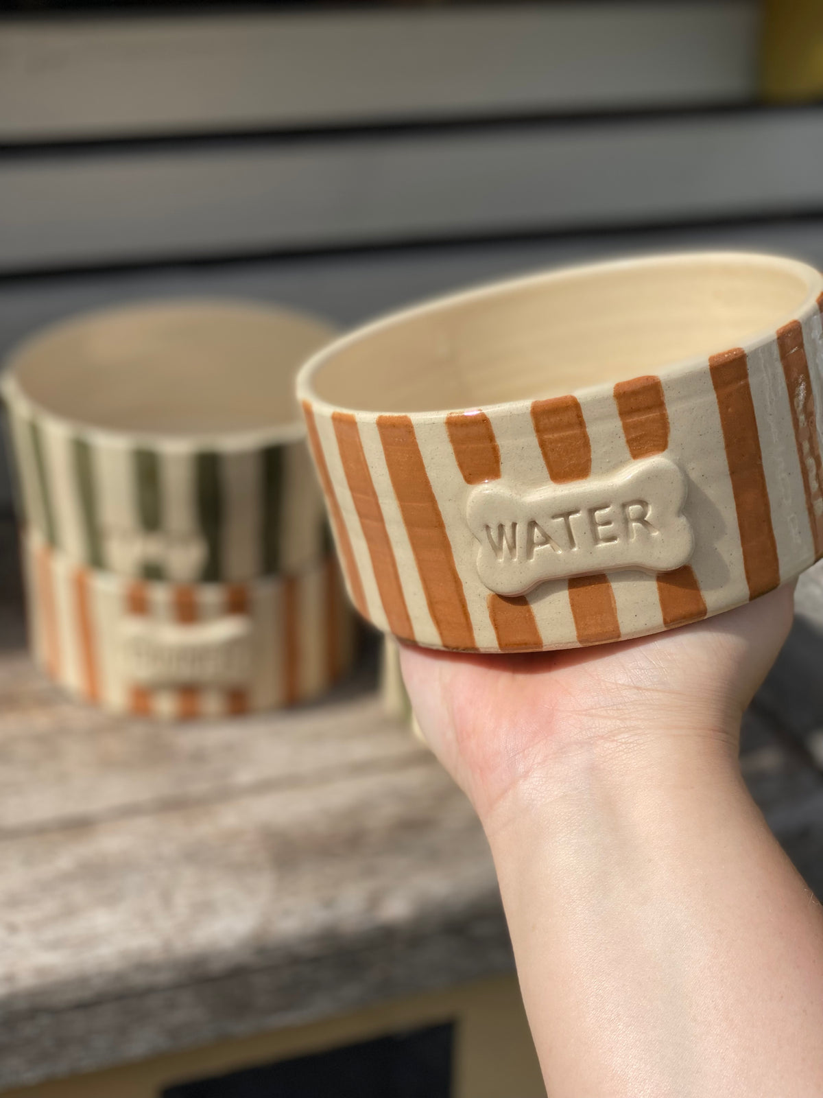 Ready Made - Stripey Brown Pet Bowl (large) in brown glaze