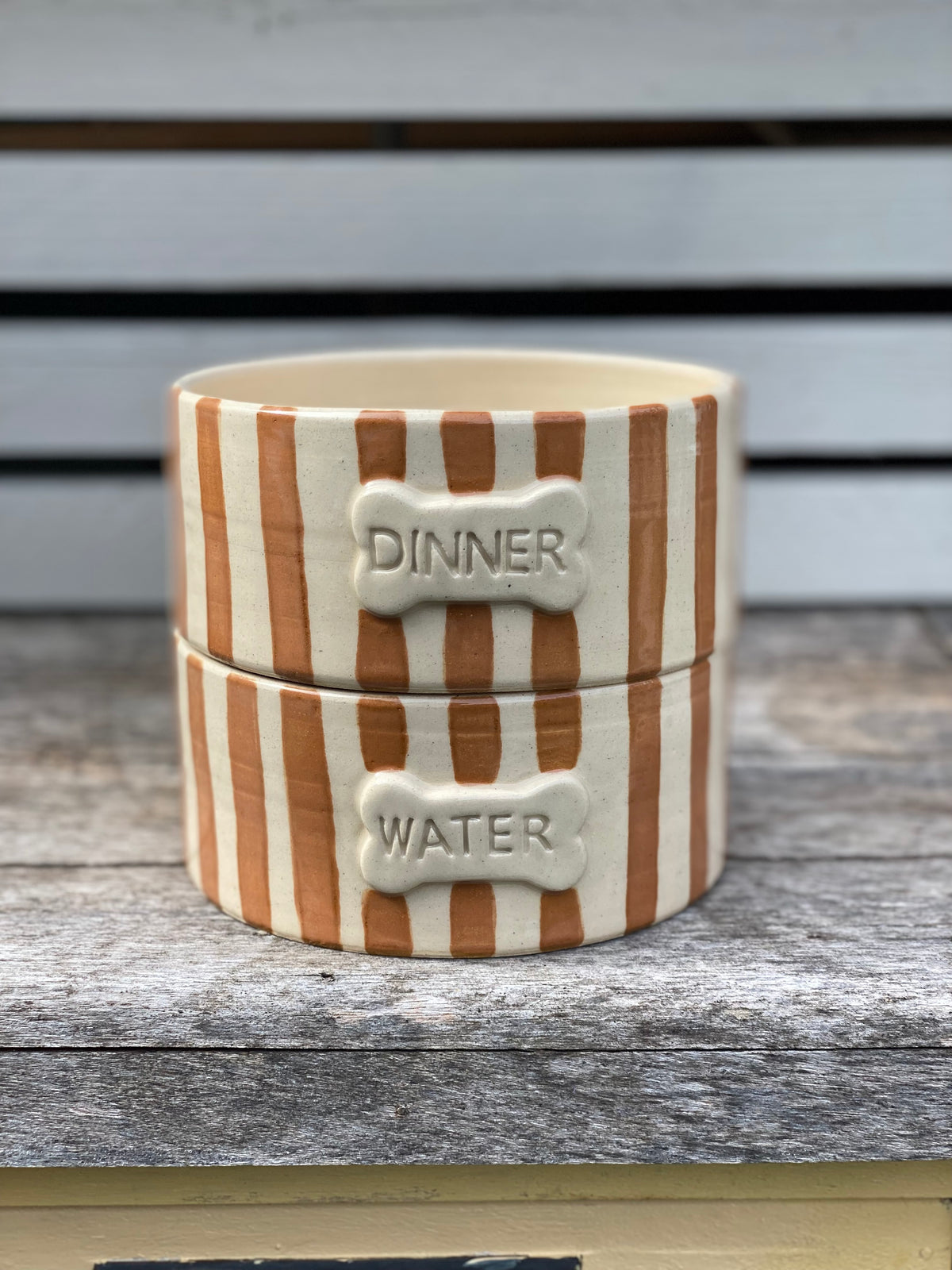 Ready Made - Stripey Brown Pet Bowl (large) in brown glaze