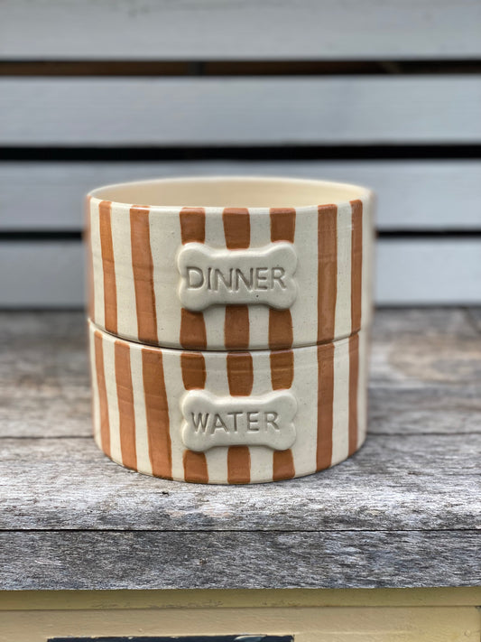 Ready Made - Stripey Brown Pet Bowl (large) in brown glaze